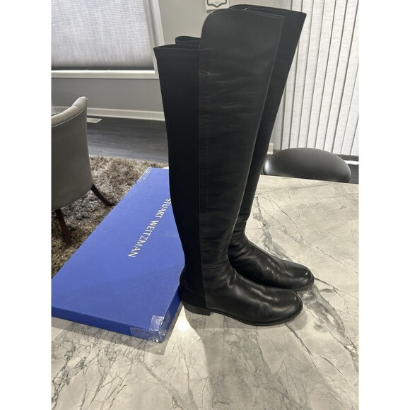 Stuart Weitzman 50/50 Bold Over The Knee Black Leather Boot Size 9 W - Picture 1 of 9